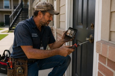 Housing authority maintenance supervisor changing lock hardware