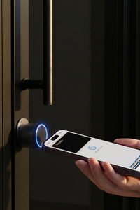 InstaKey commercial smart locks like this apple wallet tap option shown, allows card, fob and phone access with no power to the door.
