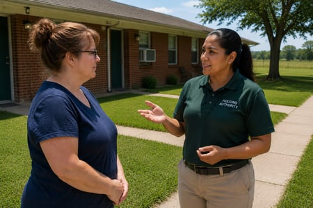 housing authority staff talks to a female resident on the sidewalk in front of the duplex